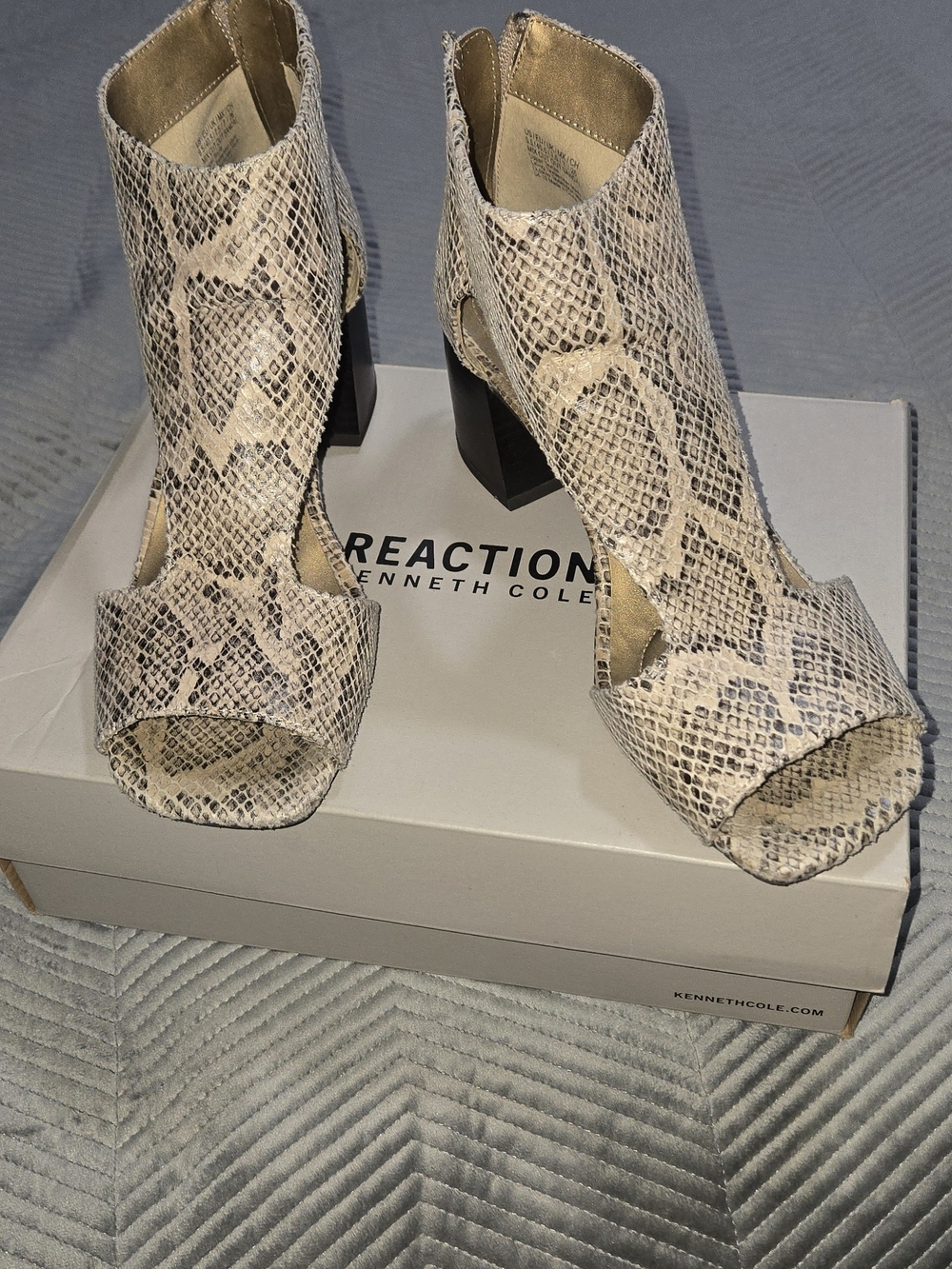 Kenneth Cole Reaction Snake-Print Peep-Toe Block Heel Booties in Beige and Black
